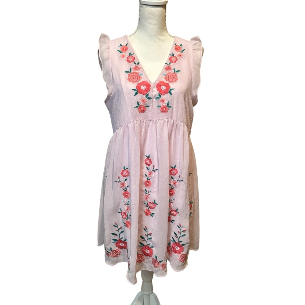 Savannah Jane Pink Embroidered Sheer Chiffon Dress-Lined Size Medium Cottagecore
